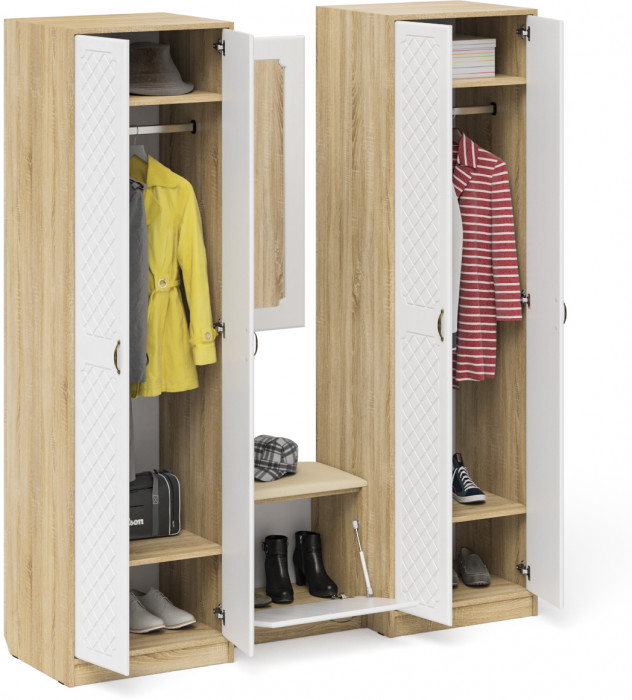 Прихожая П-6 Компоновка № 08, дуб сонома/фасады МДФ белое дерево фрезеровка ромб