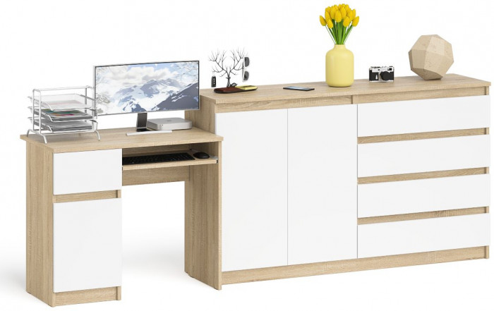 Мори компьютерный стол МС-1 левый + Комод МК1600.1, дуб сонома/белый