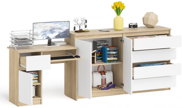 Мори компьютерный стол МС-1 левый + Комод МК1600.1, дуб сонома/белый