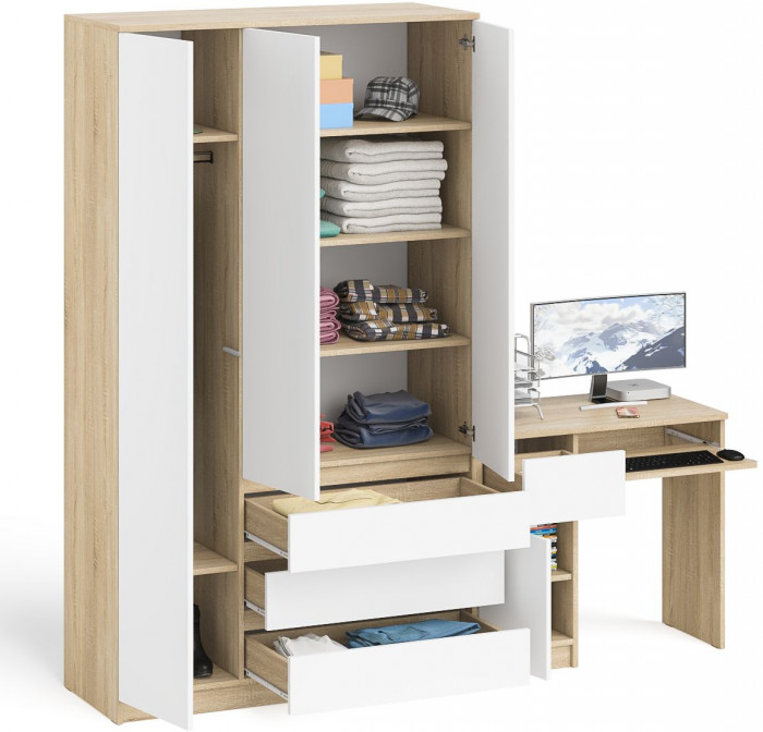 Мори компьютерный стол МС-1 левый + Шкаф МШ1200.1, дуб сонома/белый