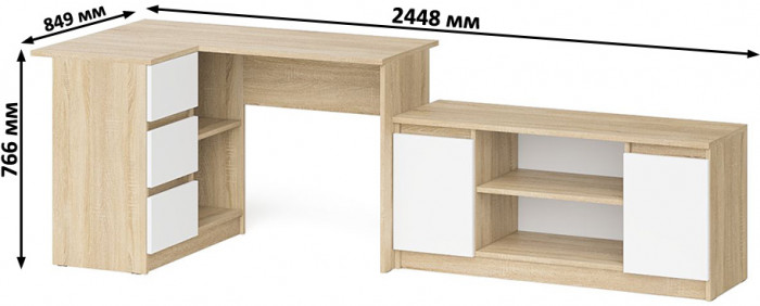 Мори компьютерный стол МС-16 левый + Тумба МТВ1200.1, дуб сонома/белый