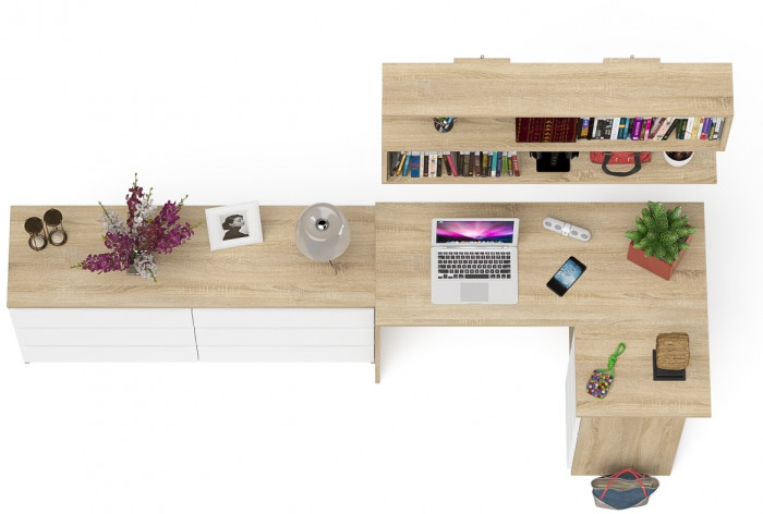 Мори компьютерный стол МС-16 правый + Комод МК1380.6 + Полка 1200, дуб сонома/белый