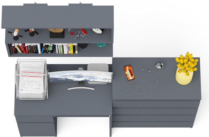 Мори Стол компьютерный МС-1 левый + Комод МК800.4 + Полка 900, цвет графит, ШхГхВ 170,4х50х209,6 см., НЕ универсальная сборка