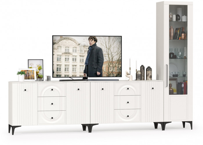 Валенсия Гостиная № 117, цвет ЛДСП белый шагрень/МДФ белый шагрень, ШхГхВ 321,3х38,4х225,2 см., универсальная сборка