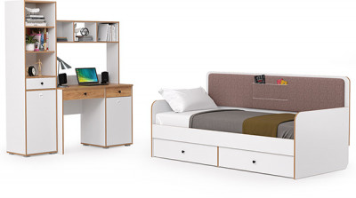 Вуди Компоновка № 37, цвет белый премиум/дуб крафт золотой/саванна латте, сп. м. 900х2000 мм., б/м, основание есть, матрас высотой до 200 мм.