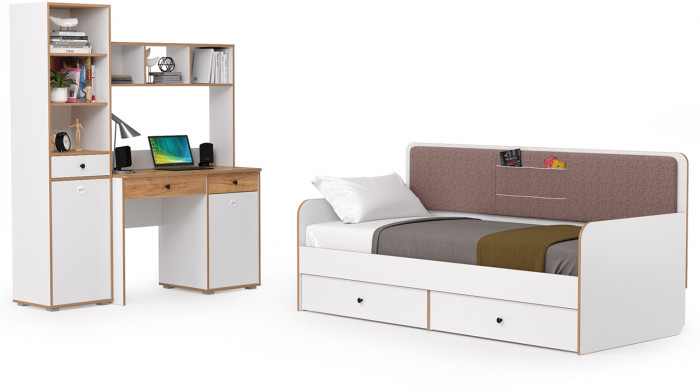 Вуди Компоновка № 37, цвет белый премиум/дуб крафт золотой/саванна латте, сп. м. 900х2000 мм., б/м, основание есть, матрас высотой до 200 мм.