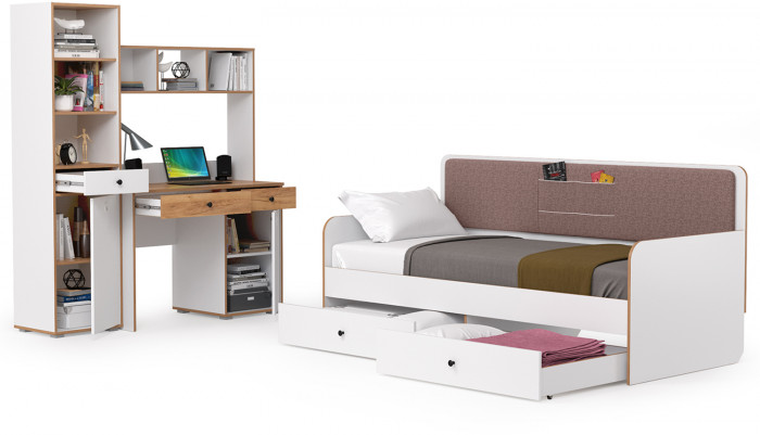 Вуди Компоновка № 37, цвет белый премиум/дуб крафт золотой/саванна латте, сп. м. 900х2000 мм., б/м, основание есть, матрас высотой до 200 мм.