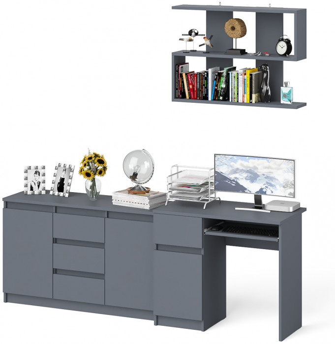 Мори Стол компьютерный МС-1 левый + Комод МК1200.3 + Полка 900, цвет графит, ШхГхВ 210,4х50х209,6 см., НЕ универсальная сборка