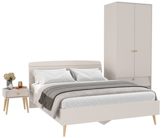 Афина Спальня Кровать 1600 + Шкаф 2-х дверный + Тумба, цвет кашемир серый, 164,6х210,2х95,6 + 90,3х56,3х220 + 45х37х45 см., 1600х2000, б/м, осн. есть