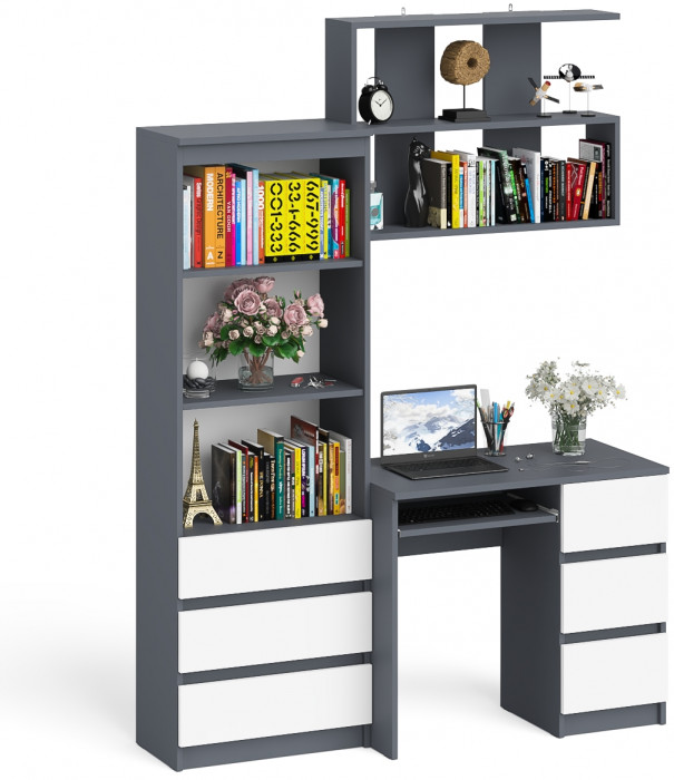 Мори Стол компьютерный МС-6 правый + Стеллаж МСТ600.3 + Полка 900, цвет графит/белый, ШхГхВ 150,4х50х209,6 см., НЕ универсальная сборка