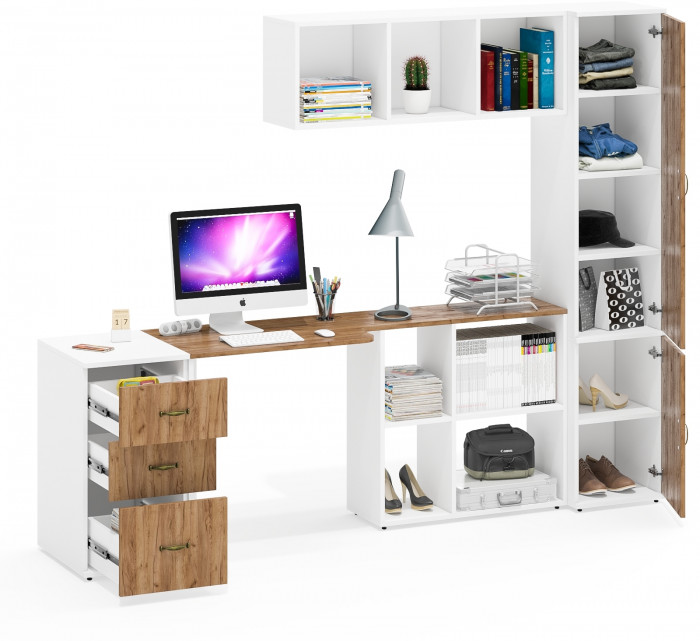 Лидер-8 Стол + Полка + Тумба МД 3.16 + Пенал МД 22Б, белый шагрень/крафт золото