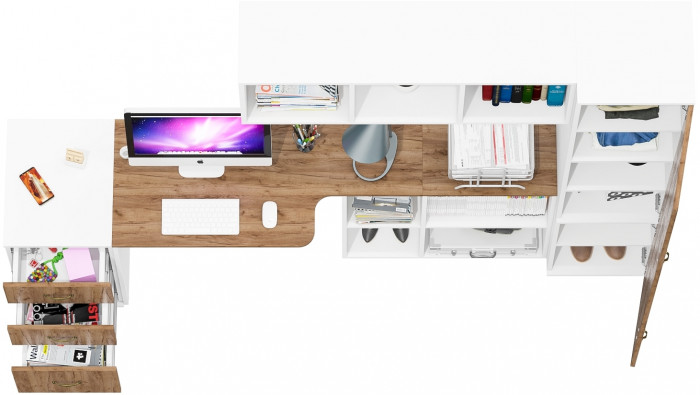 Лидер-8 Стол + Полка + Тумба МД 3.16 + Пенал МД 22Б, белый шагрень/крафт золото