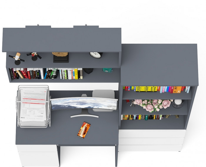 Мори Стол компьютерный МС-1 левый + Стеллаж МСТ600.3 + Полка 900, цвет графит/белый, ШхГхВ 150,4х50х209,6 см., НЕ универсальная сборка