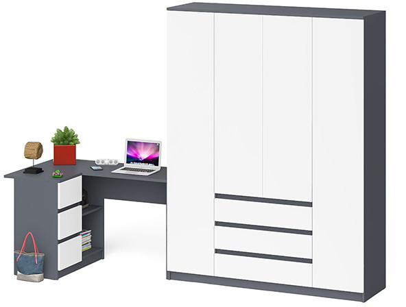 Мори Стол компьютерный МС-16 левый + Шкаф МШ1600.1, цвет графит/белый, ШхГхВ 284,8х84,9х209,6 см., выдвижные ящики слева, НЕ универсальная сборка