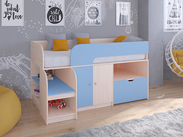 Кровать чердак Астра 9 V4 Дуб молочный/Голубой