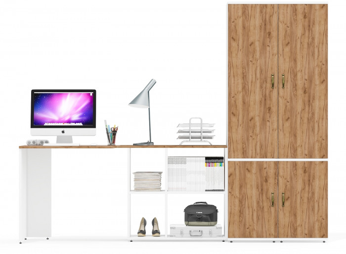 Лидер-8 Стол + Пенал МД 21Б + Пенал МД 21Б, цвет белый шагрень/крафт золото, ШхГхВ 245х50/37,5х75/190 или 115х160/50х75/190 см., НЕ ун. сборка