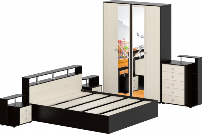 Камелия спальня № 4 Кровать 1800 + Две тумбы + Комод + Шкаф 4-х створчатый, венге/дуб лоредо