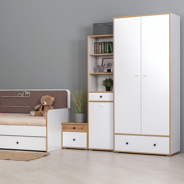 Вуди Компоновка № 39, цвет белый премиум/дуб крафт золотой/саванна латте, сп. м. 900х2000 мм., б/м, основание есть, матрас высотой до 200 мм.