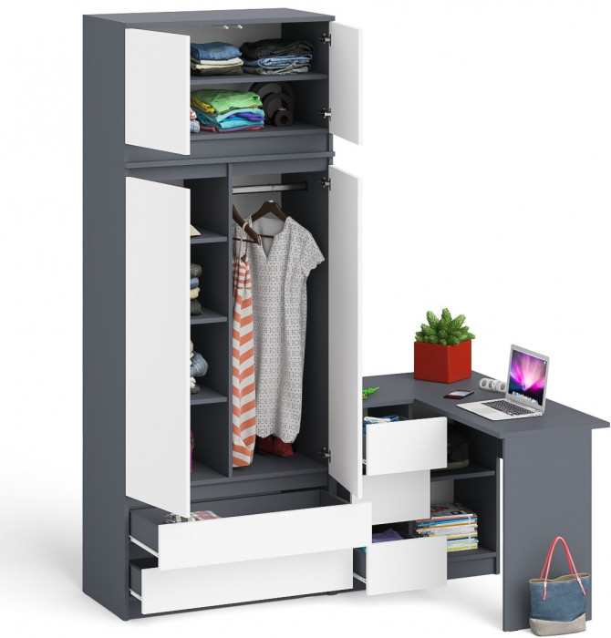 Мори компьютерный стол МС-16 левый + Шкаф МШ900.1 + Антресоль МА900.1, графит/белый