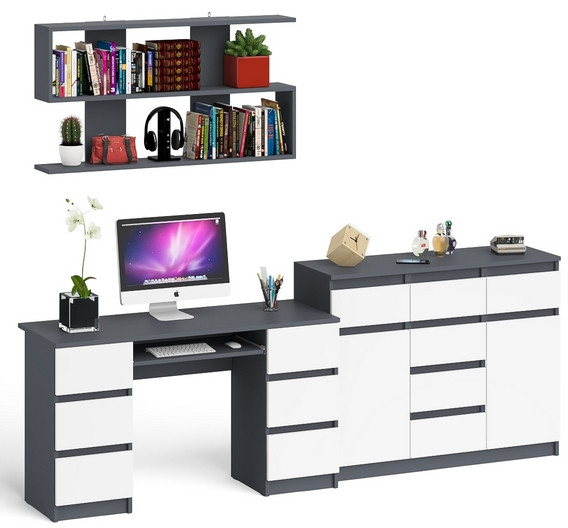 Мори компьютерный стол МС-2 + Комод МК1200.4 + Полка 1200, графит/белый