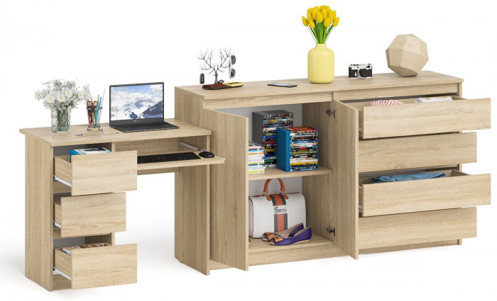 Мори компьютерный стол МС-6 левый + Комод МК1600.1, дуб сонома