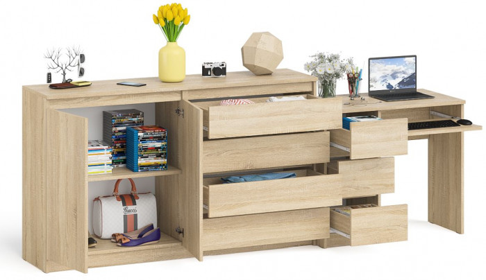 Мори компьютерный стол МС-6 левый + Комод МК1600.1, дуб сонома