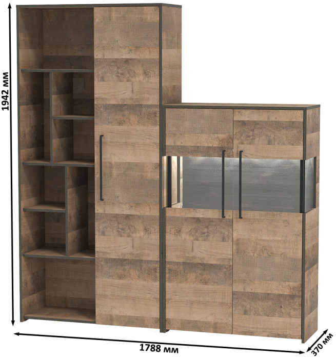 Трувор 13.206 Шкаф-стеллаж + 13.306 Комод с витриной, дуб гранж песочный/интра
