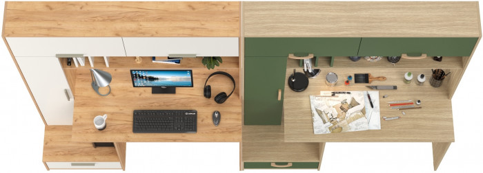 Два Стола письменных Лайт 03.243Н, дуб крафт золотой/белый премиум/плэйн/дымчатый зелёный