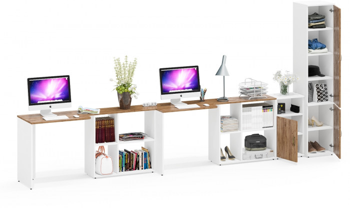 Лидер-8 Стол + Стол + Пенал МД 22Б + Тумба МД 3.19, белый шагрень/крафт золото