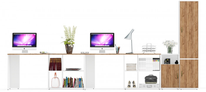 Лидер-8 Стол + Стол + Пенал МД 22Б + Тумба МД 3.19, белый шагрень/крафт золото