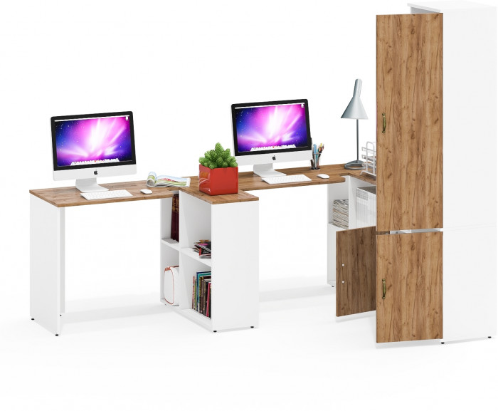 Лидер-8 Стол + Стол + Пенал МД 22Б + Тумба МД 3.19, белый шагрень/крафт золото