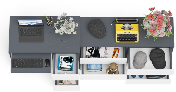 Мори компьютерный стол МС-6 правый + Комод МК1200.6, графит/белый