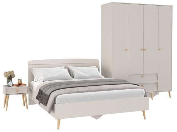 Афина Спальня Кровать 1600 + Шкаф 4-х дверный + Тумба, цвет кашемир серый, 164,6х210,2х95,6 + 160х56,3х220 + 45х37х45 см., 1600х2000, б/м, осн. есть