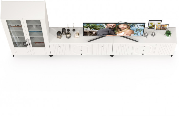 Валенсия Гостиная № 120, цвет ЛДСП белый шагрень/МДФ белый шагрень, ШхГхВ 350,4х38,4х225,2 см., универсальная сборка