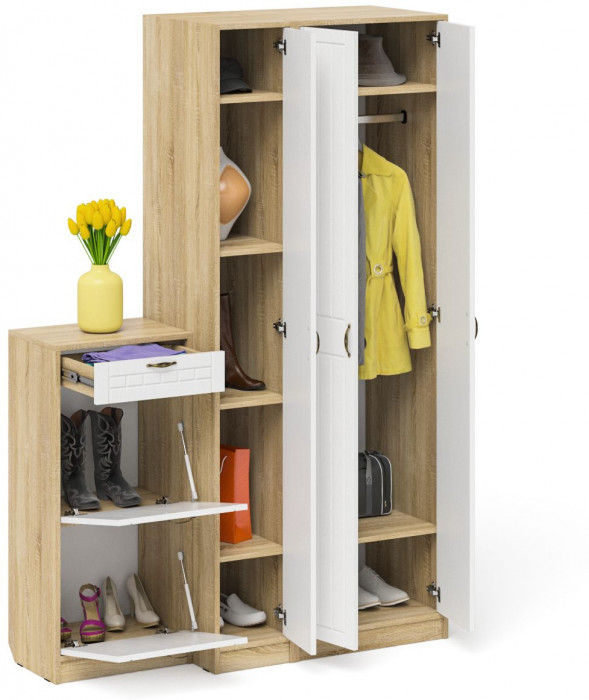 Прихожая П-6 Компоновка № 48, цвет дуб сонома/фасады МДФ белое дерево фрезеровка прованс, ШхГхВ 140х50х210 см., универсальная сборка