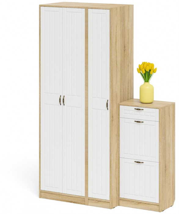 Прихожая П-6 Компоновка № 48, цвет дуб сонома/фасады МДФ белое дерево фрезеровка прованс, ШхГхВ 140х50х210 см., универсальная сборка