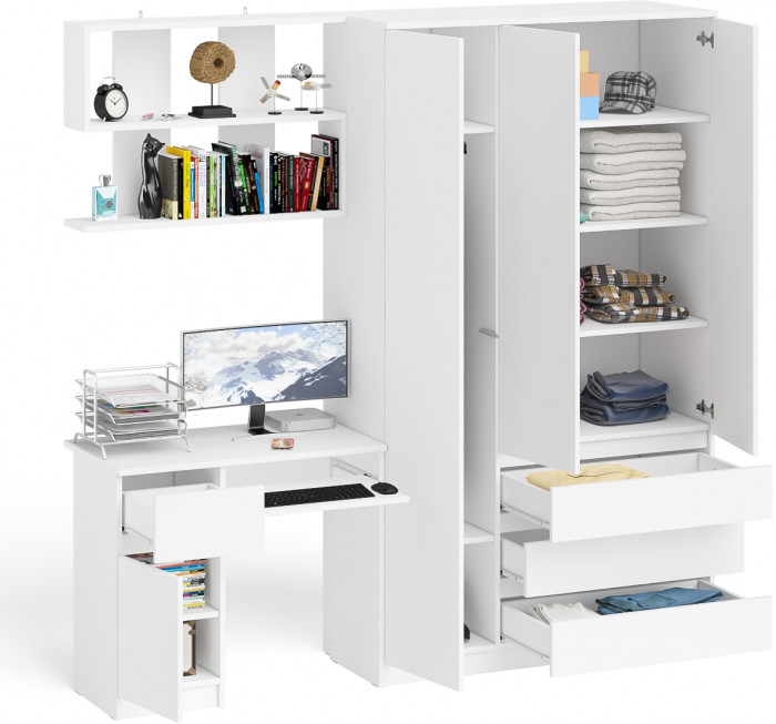 Мори компьютерный стол МС-1 левый + Шкаф МШ1200.1 + Полка 900, белый