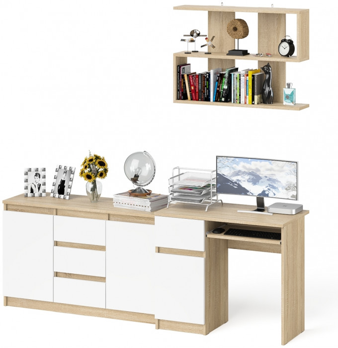 Мори Стол компьютерный МС-1 левый + Комод МК1200.3 + Полка 900, цвет дуб сонома/белый, ШхГхВ 210,4х50х209,6 см., НЕ универсальная сборка