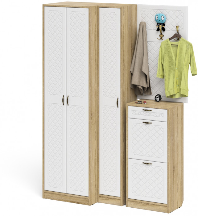 Прихожая П-6 Компоновка № 30, дуб сонома/фасады МДФ белое дерево фрезеровка ромб