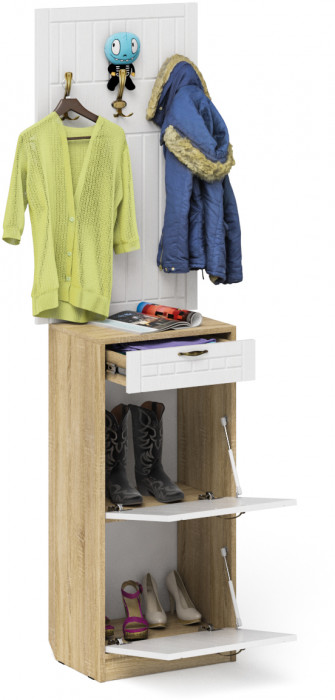 Прихожая П-6 Тумба для обуви 2 секции + Вешалка, дуб сонома/фасады МДФ белое дерево фрезеровка прованс