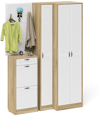 Прихожая П-6 Компоновка № 30, цвет дуб сонома/фасады МДФ белое дерево фрезеровка ромб, ШхГхВ 150х50х210 см., универсальная сборка