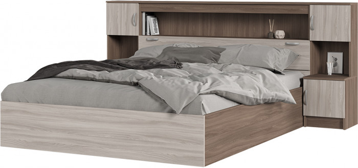 КР 552 Бася ЛДСП кровать с закроватным модулем шимо темный/шимо светлый