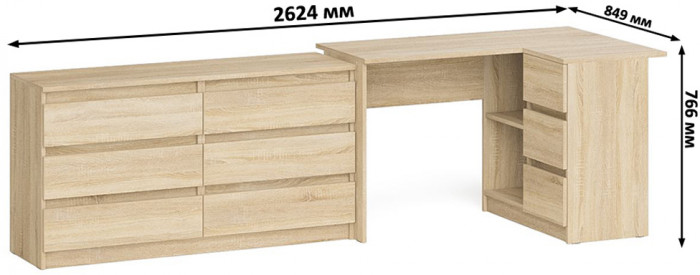 Мори компьютерный стол МС-16 правый + Комод МК1380.6, дуб сонома