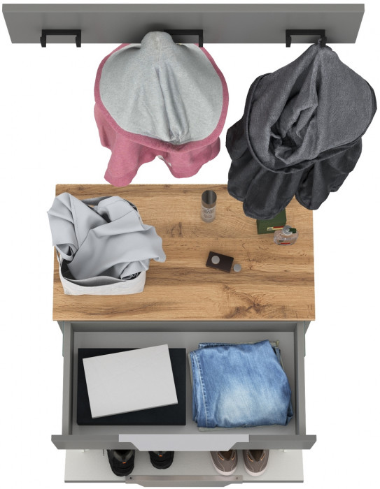 Октава 16.127 Тумба для обуви + 15.14.02 Вешалка, серый графит/дуб крафт золотой/фасады МДФ серый графит