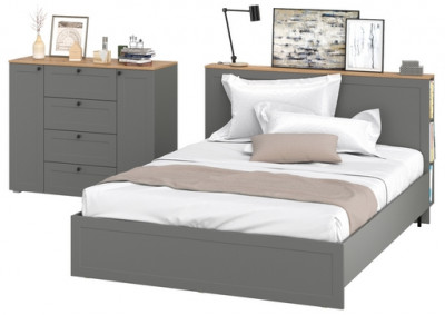 Остин 11.53 Кровать + ортопед + 16.221 Комод, серый графит/дуб крафт золотой