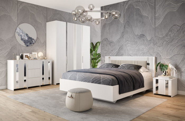 Кровать полутороспальная 120х200 "Харди" с зеркальными вставками - Белый текстурный/Ясень белый