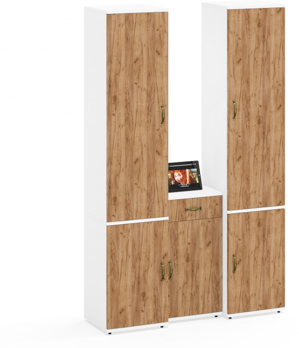 Лидер-8 Пенал МД 22Б + Пенал МД 22Б + Тумба МД 3.15, цвет белый шагрень/крафт золото, ШхГхВ 120х37,5х190 см., универсальная сборка