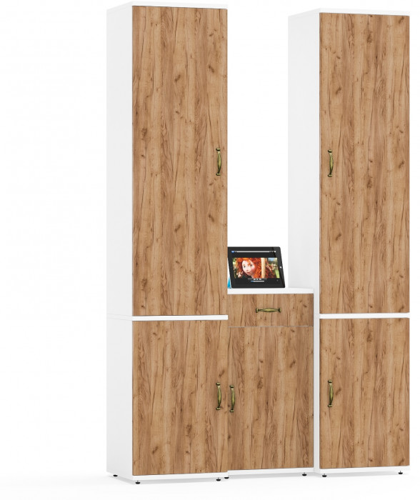 Лидер-8 Пенал МД 22Б + Пенал МД 22Б + Тумба МД 3.15, цвет белый шагрень/крафт золото, ШхГхВ 120х37,5х190 см., универсальная сборка