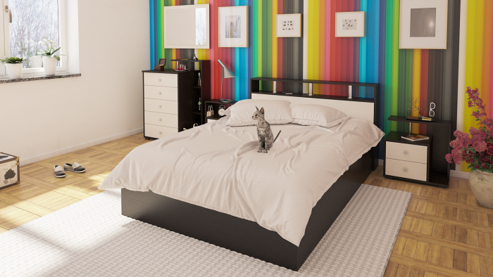 Камелия спальня № 5 Кровать 1400 + Две тумбы + Комод + Зеркало, венге/дуб лоредо