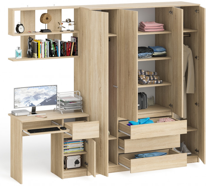 Мори компьютерный стол МС-1 правый + Шкаф МШ1600.1 + Полка 900, дуб сонома